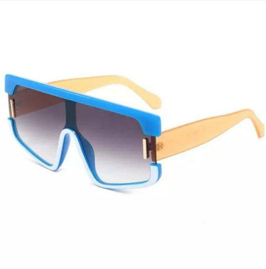 Side view of large frame blue sunglasses