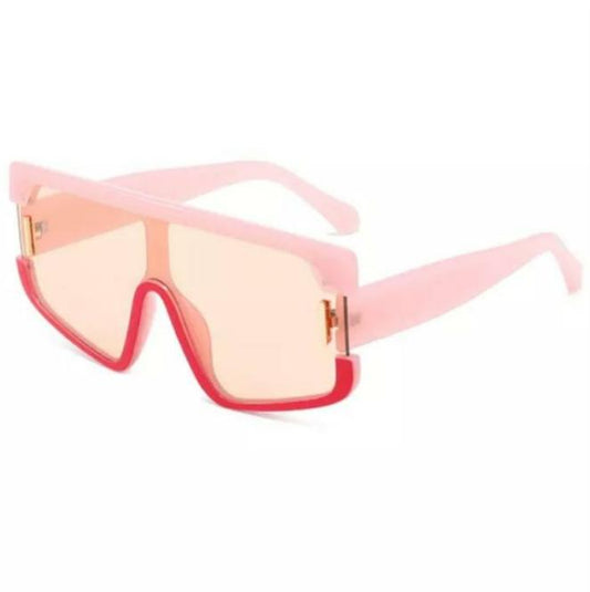 Side view of large frame pink sunglasses