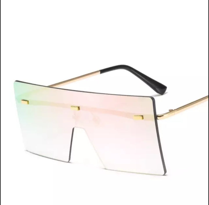 Pink Iridescent sunglasses with rectangular frame and gold arms